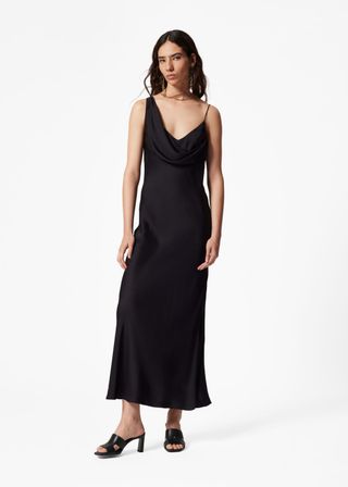 Asymmetric Cowl-Neck Midi Dress