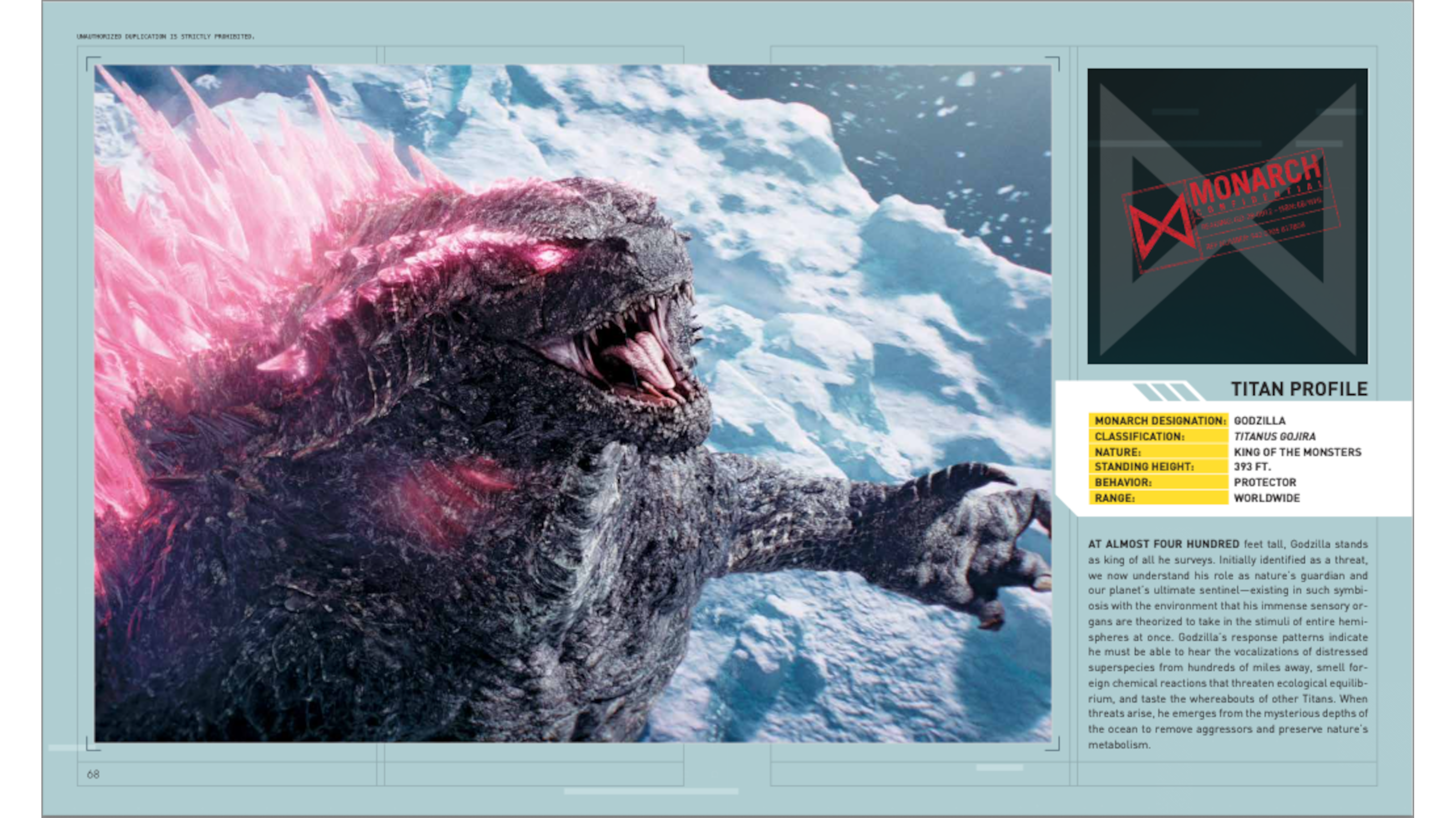 A spread about Godzilla from The Monarch Files.