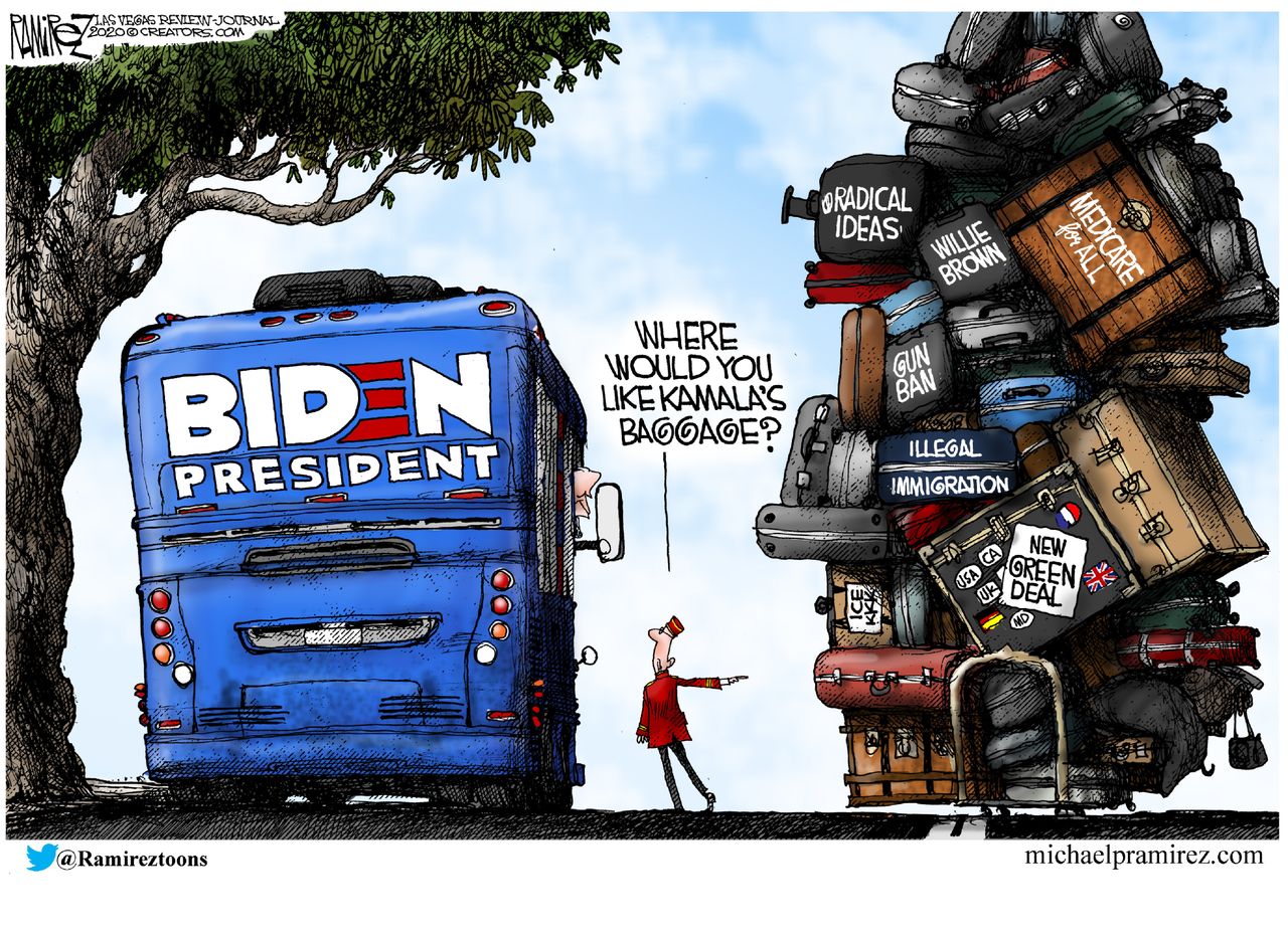 Political Cartoon U.S. Joe Biden Vice President Kamala Harris Baggage&amp;amp;nbsp;Green&amp;amp;nbsp;New Deal Medicare for All