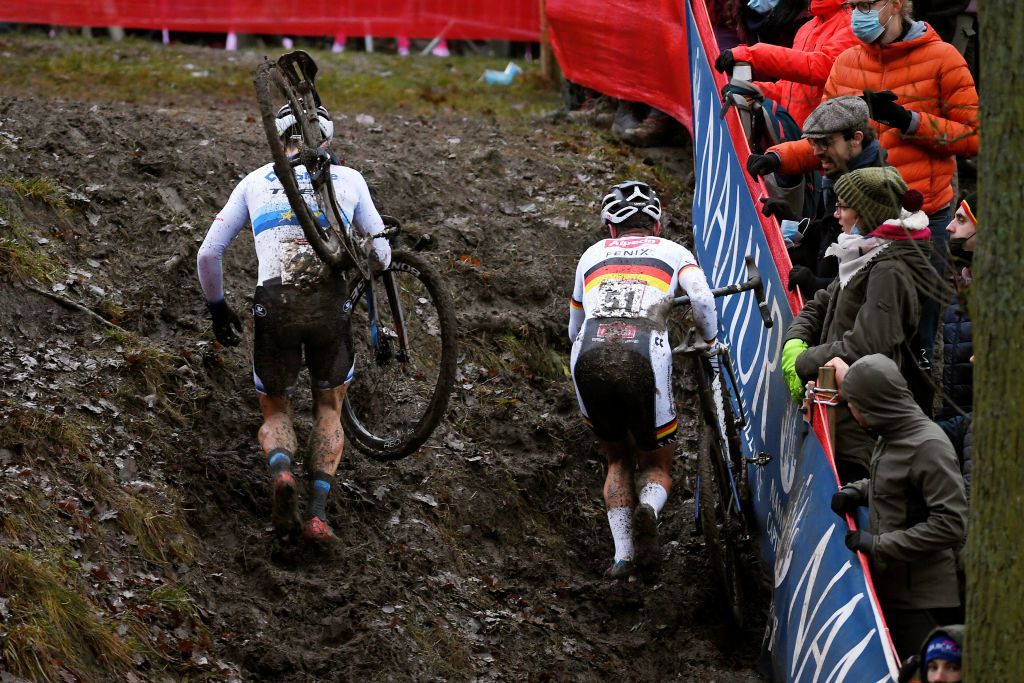 NAMUR BELGIUM DECEMBER 19 LR Lars Van Der Haar of Netherlands and Team Baloise Trek Lions and Marcel Meisen of Germany and Team Alpecin Fenix compete during the 13th Namur UCI CycloCross Worldcup 2021 Mens Elite UCIWT on December 19 2021 in Namur Belgium Photo by Luc ClaessenGetty Images