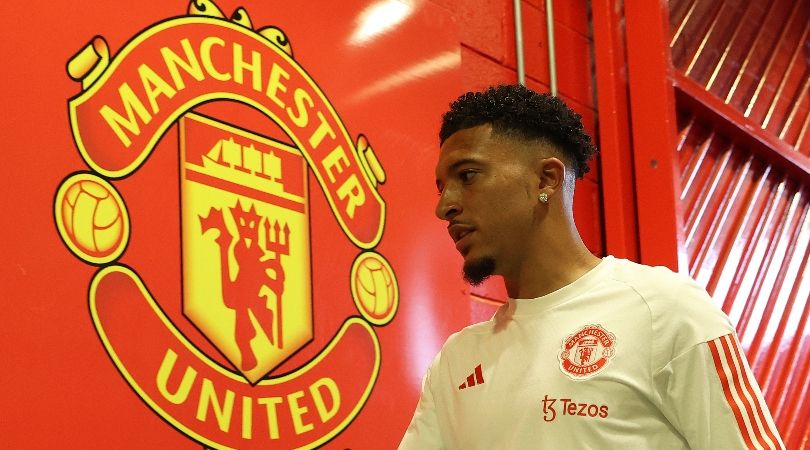 Jadon Sancho pictured at Old Trafford ahead of Manchester United&#039;s game against Nottingham Forest in August 2023.