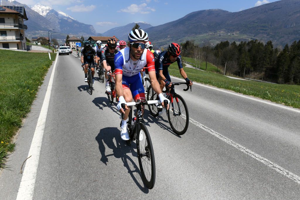 RIVA DEL GARDA ITALY APRIL 23 Thibaut Pinot of France and Team Groupama FDJ the Breakaway during the 44th Tour of the Alps 2021 Stage 5 a 1209km stage from Valle del Chiese Idroland to Riva del Garda TourofTheAlps TouroftheAlps on April 23 2021 in Riva del Garda Italy Photo by Tim de WaeleGetty Images