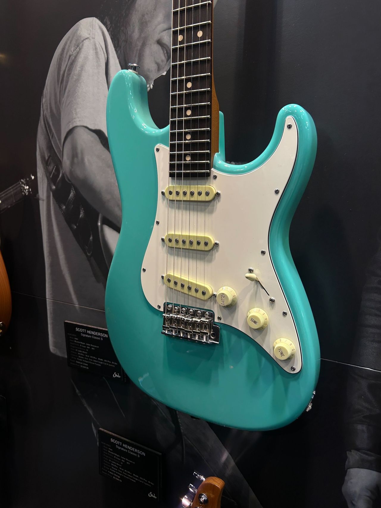 A Suhr guitar, on display at the 2026 NAMM show in Anaheim, California