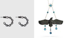 Black chain and sapphire earring hoops and raven and jewelled pendant