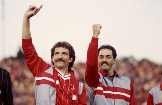 Graeme Souness and Bruce Grobbelaar wave to the crowd ahead of Liverpool's European Cup final against Roma in 1984.