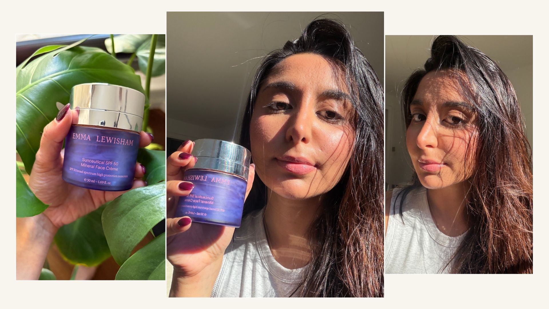 senior shopping editor Marina wearing reviewing and holding up the Emma Lewisham SPF