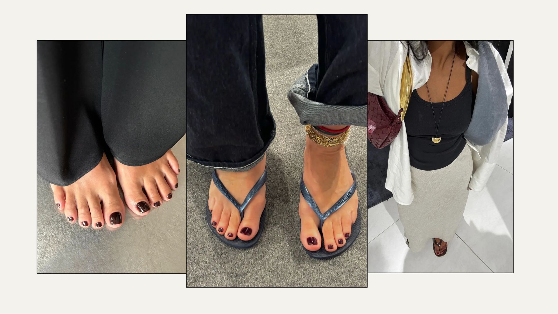 A collage of burgundy pedicure looks