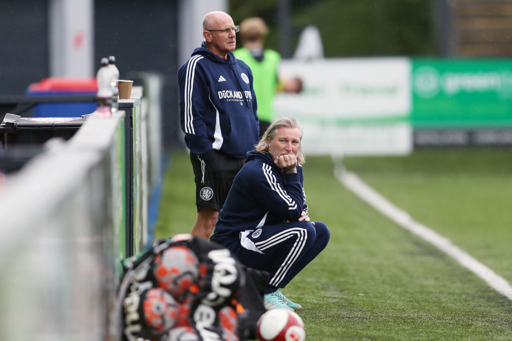 MACCLESFIELD, ENGLAND - JULY 13: Robbie Savage, Manager of Macclesfield reacts prior to the Pre-Season Friendly match between Macclesfield and Blackburn Rovers XI at Leasing.com Stadium on July 13, 2024 in Macclesfield, England. (Photo by Charlotte Tattersall/Getty Images)