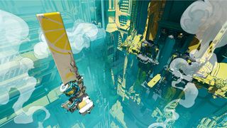 Concept art showing a flying lemonade stand in a dystopian cityscape with blue and yellow colour palette