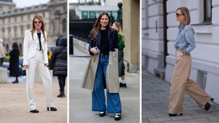 Street style influencers showing shoes to wear with wide leg trousers platform shoes