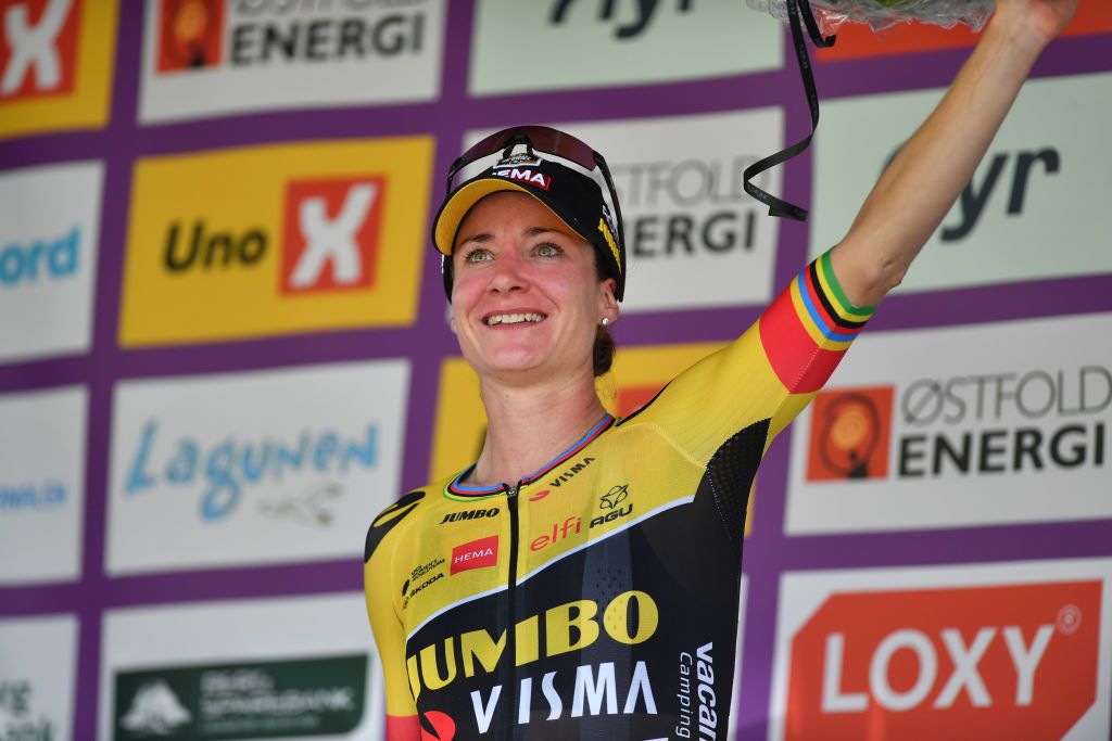SARPSBORG NORWAY AUGUST 11 Marianne Vos of Netherlands and Jumbo Visma Team celebrates at podium as stage winner during the 8th Tour of Scandinavia 2022 Battle Of The North Stage 3 a 1189km stage from Moss to Sarpsborg UCIWWT tourofscandinavia TOSC22 on August 11 2022 in Sarpsborg Norway Photo by Luc ClaessenGetty Images