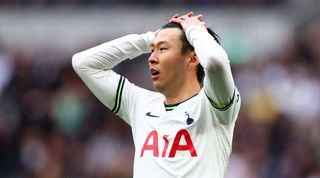 Son Heung-min gestures during Tottenham's Premier League game against Crystal Palace in May 2023.