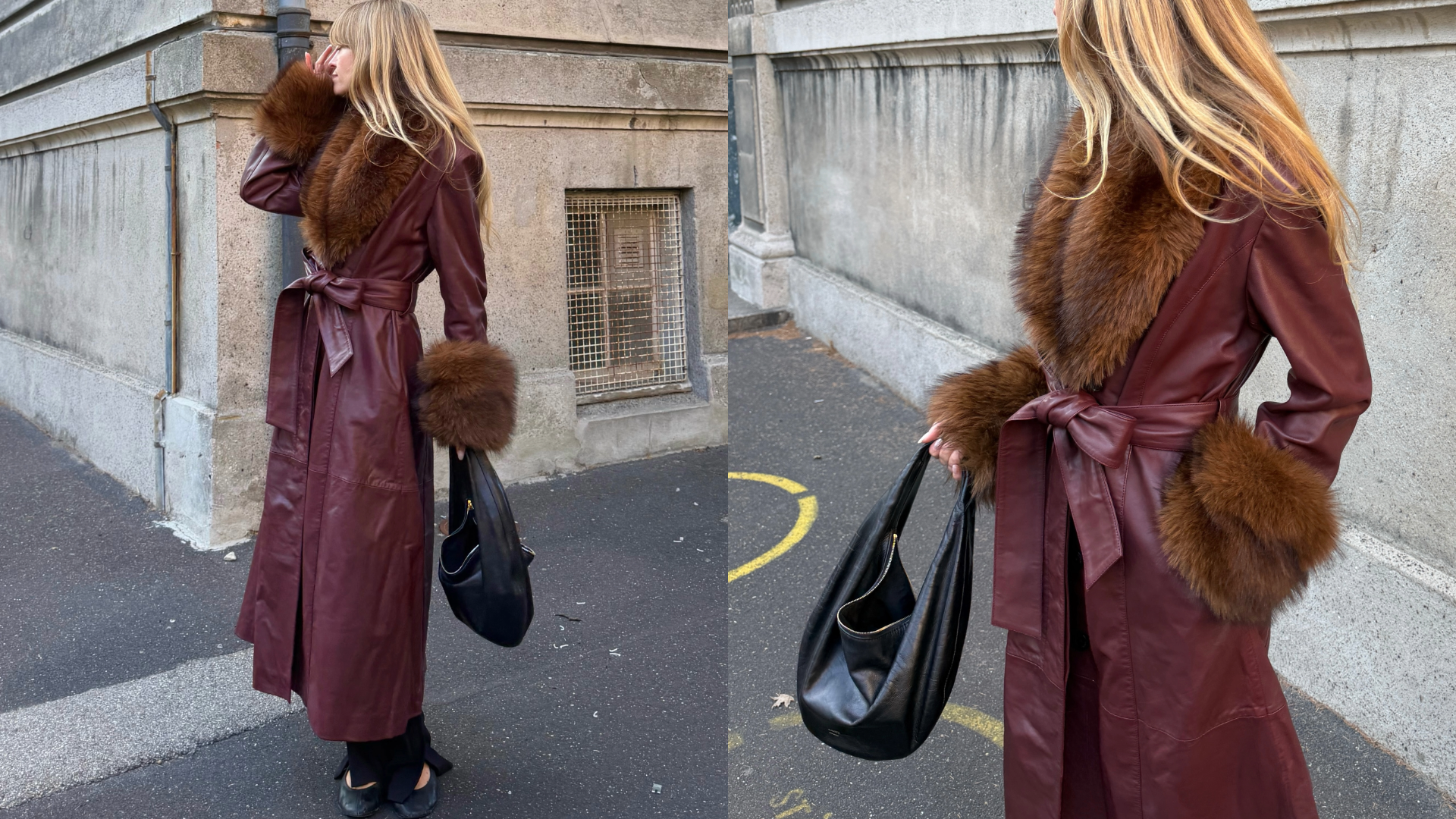 Jeanette Madsen in a burgundy Rotate coat.