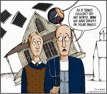 Political Cartoon U.S. Trump American Gothic Wrecking Ball Solar Panels