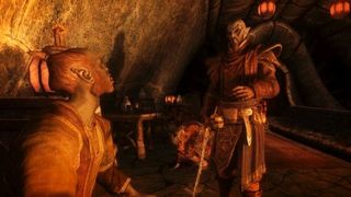 Best Skyrim mods — a Dunmer adventurer in conversation with a sitting Orc.