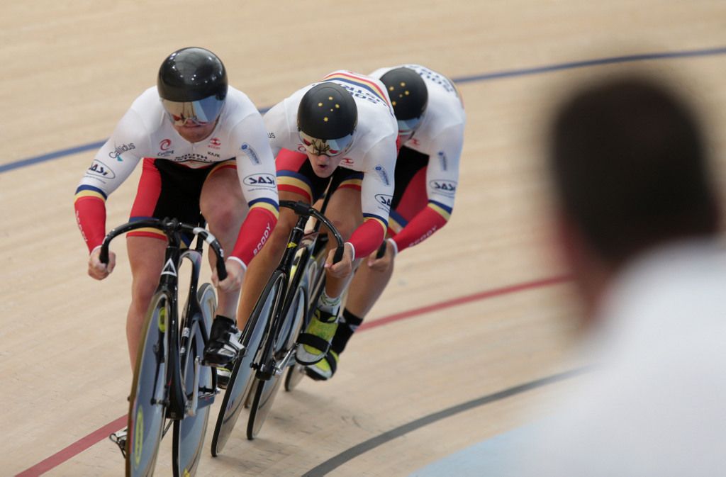 Patrick Constable, Matt Glaetzer and Ben Scholl riding to team sprint success