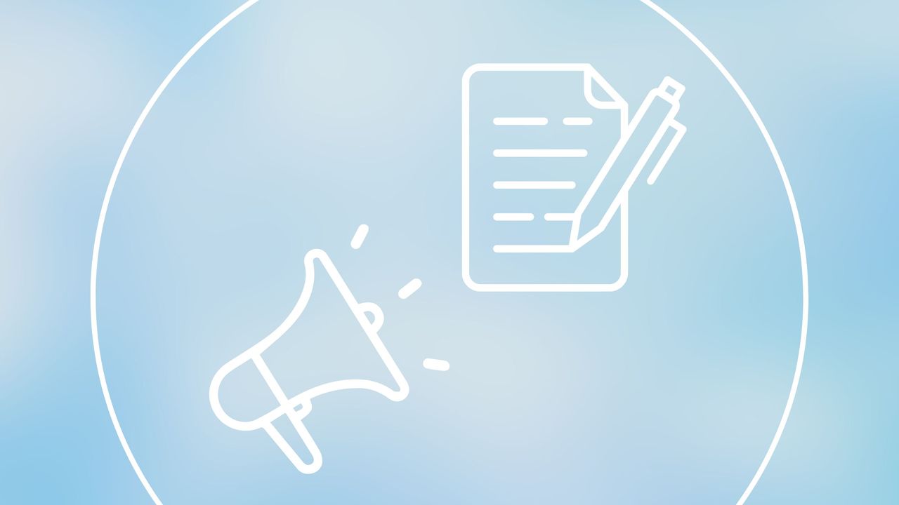 Graphic of megaphone and document on blue background