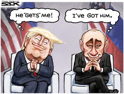 Political cartoon U.S. Trump Putin G20 meeting Russia investigation babe