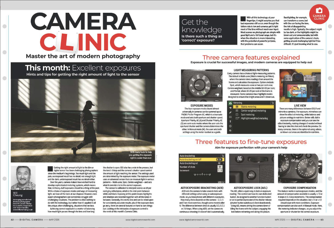 Image showing the first two pages of the Camera Clinic article in issue 307 (May 2026) of Digital Camera magazine, an 8-page masterclass about fixing exposure problems