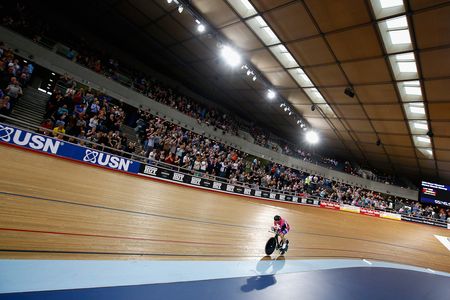 Dame Sarah Storey participates in her Women's Hour Record attempt at the Lee Valley Velodrome.