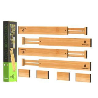 a set of extendable bamboo drawer dividers