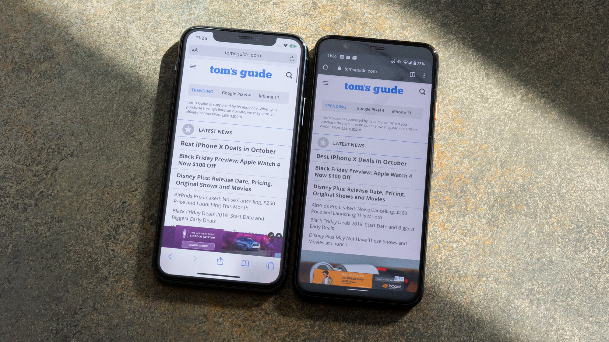 iPhone 11 Pro (left) and Pixel 4 (right) screen brightness comparison