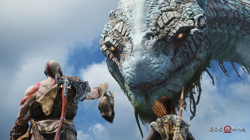 Best action games - God of War screenshot of Kratos facing off with a giant white dragon, holding a human head in one hand