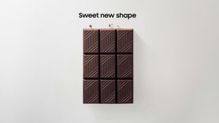Samsung social media teaser of a chocolate bar with text reading "sweet new shape"