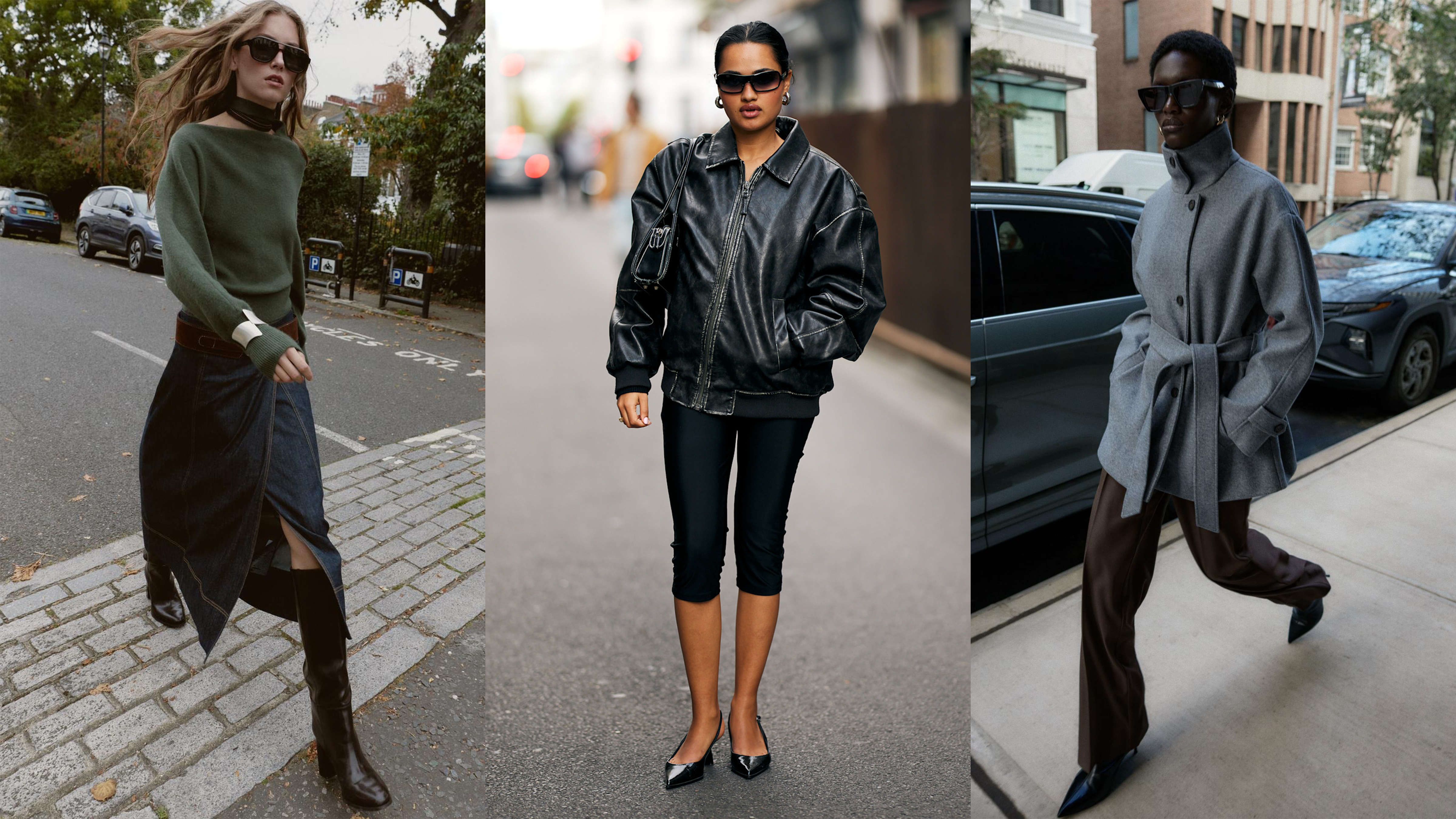 Zara Soft Double-Position Collar Coat and Zara Asymmetric Knit Jumper with Cuff Bracelet. Street-style photo of a woman in a leather jacket, capri leggings, and kitten heels. 
