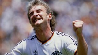 MEXICO - JUNE 08: Rudi Voller of West Germany celebrates after scoring the first goal during the 1986 FIFA World Cup match between West Germany and Scotland on June 8th, 1986 in La Corregidora in Queretaro, Mexico. (Photo by Mike King/Allsport/Getty Images/Hulton Archive)