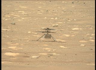 The Perseverance rover captured this image of the Ingenuity helicopter during preflight preparations on April 9, 2021.