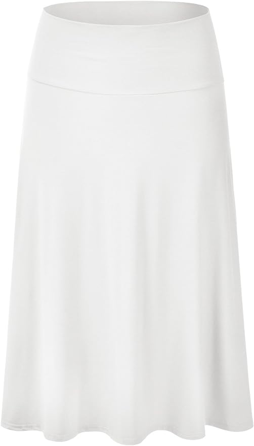 EIMIN, Eimin Women's Solid Flared Lightweight Elastic Waist Classic Midi Skirt Ivory L