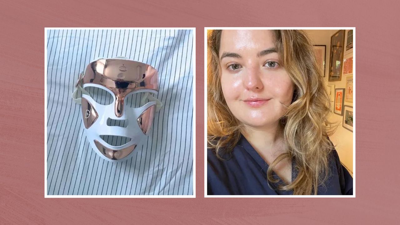 Two images, one showing the Dr Dennis Gross DRx Spectralite Faceware Pro on striped bedlinen, the other of beauty editor Rhiannon, in white frames against a dark pink watercolour-style background