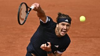 Germany's Alexander Zverev serves a singles match at the 2026 French Open tennis tournament on Court Philippe-Chatrier at the Roland-Garros Complex in Paris.