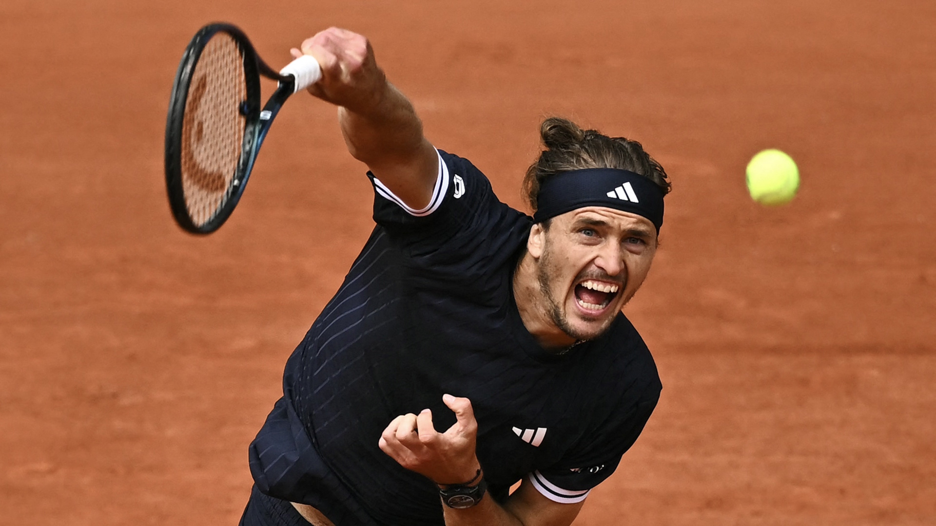 Germany's Alexander Zverev serves a singles match at the 2026 French Open tennis tournament on Court Philippe-Chatrier at the Roland-Garros Complex in Paris.