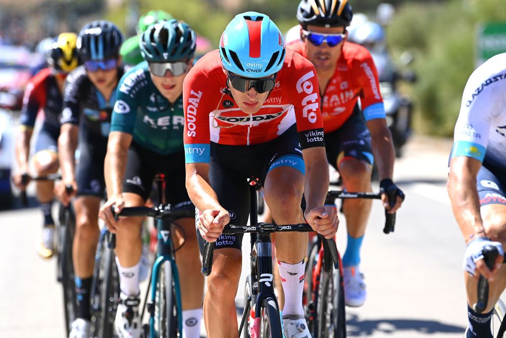 SIERRA DE LA PANDERA SPAIN SEPTEMBER 03 Filippo Conca of Italy and Team Lotto Soudal competes in the breakaway during the 77th Tour of Spain 2022 Stage 14 a 1603km stage from Montoro to Sierra de La Pandera 1815m LaVuelta22 WorldTour on September 03 2022 in Sierra de La Pandera Spain Photo by Tim de WaeleGetty Images