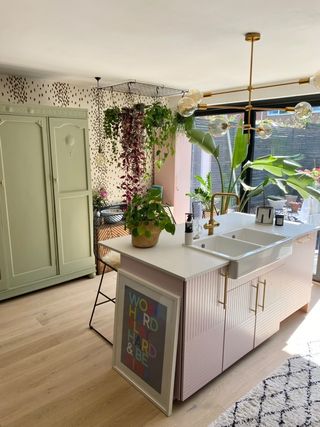 kitchen island ikea hacks with pink fluted door fronts