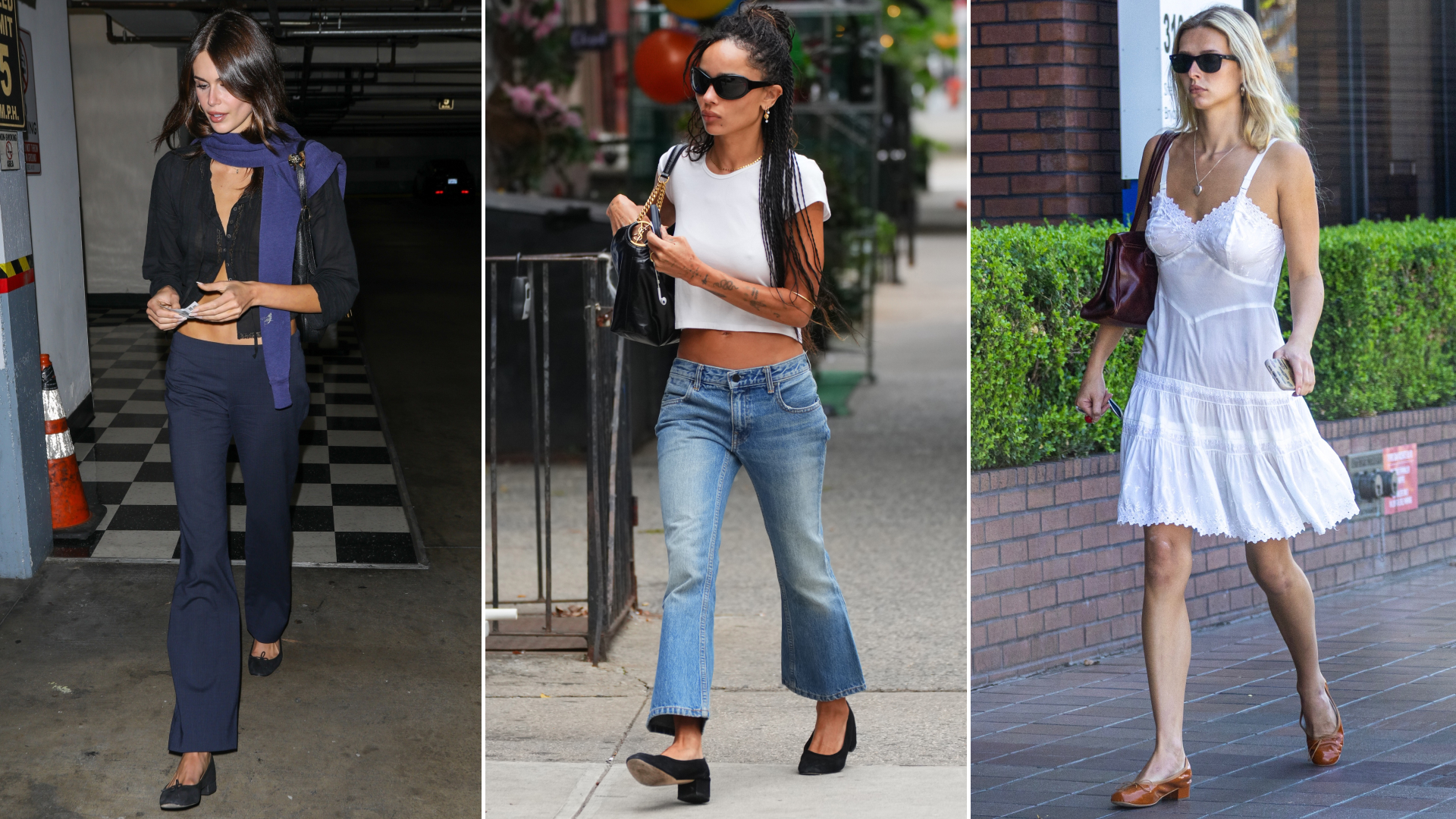 collage of celebrities wearing the heeled ballet flats trend for 2026