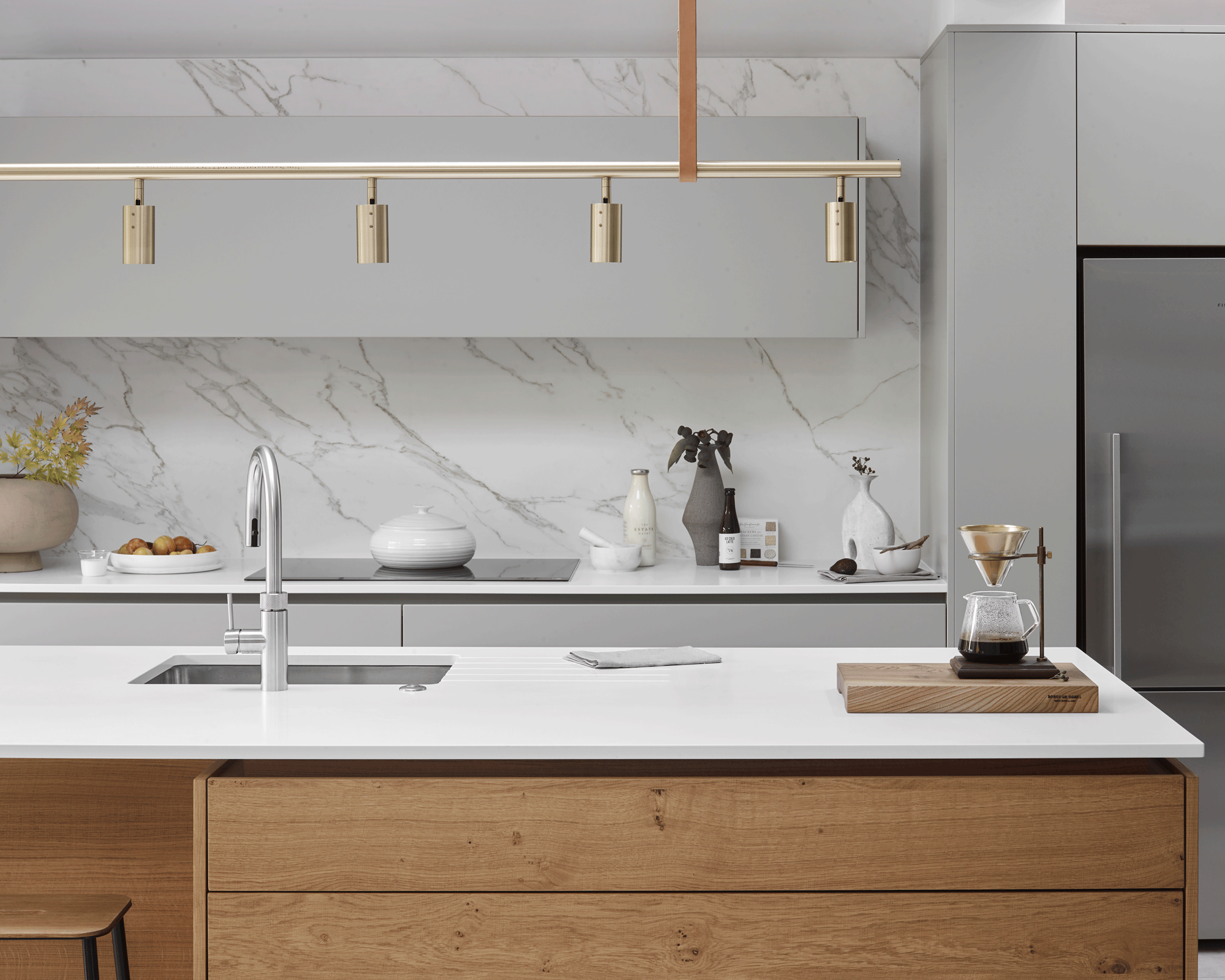 kitchen island with linear lighting