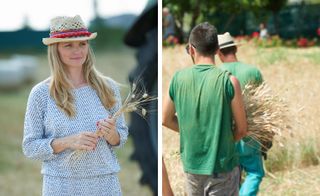 Left: a woman carrying wheat. Right: a man carrying wheat