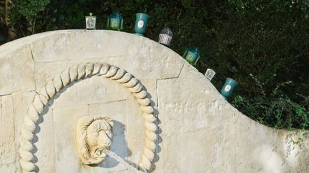 Diptyque summer collection photographed on a curved wall with greenery behind.