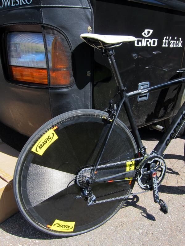 It's not often you'll see a disc rear wheel on a Cerv&eacute;lo R5ca but that's just what the Garmin-Cerv&eacute;lo team did for stage 3 time trial up Vail Pass.