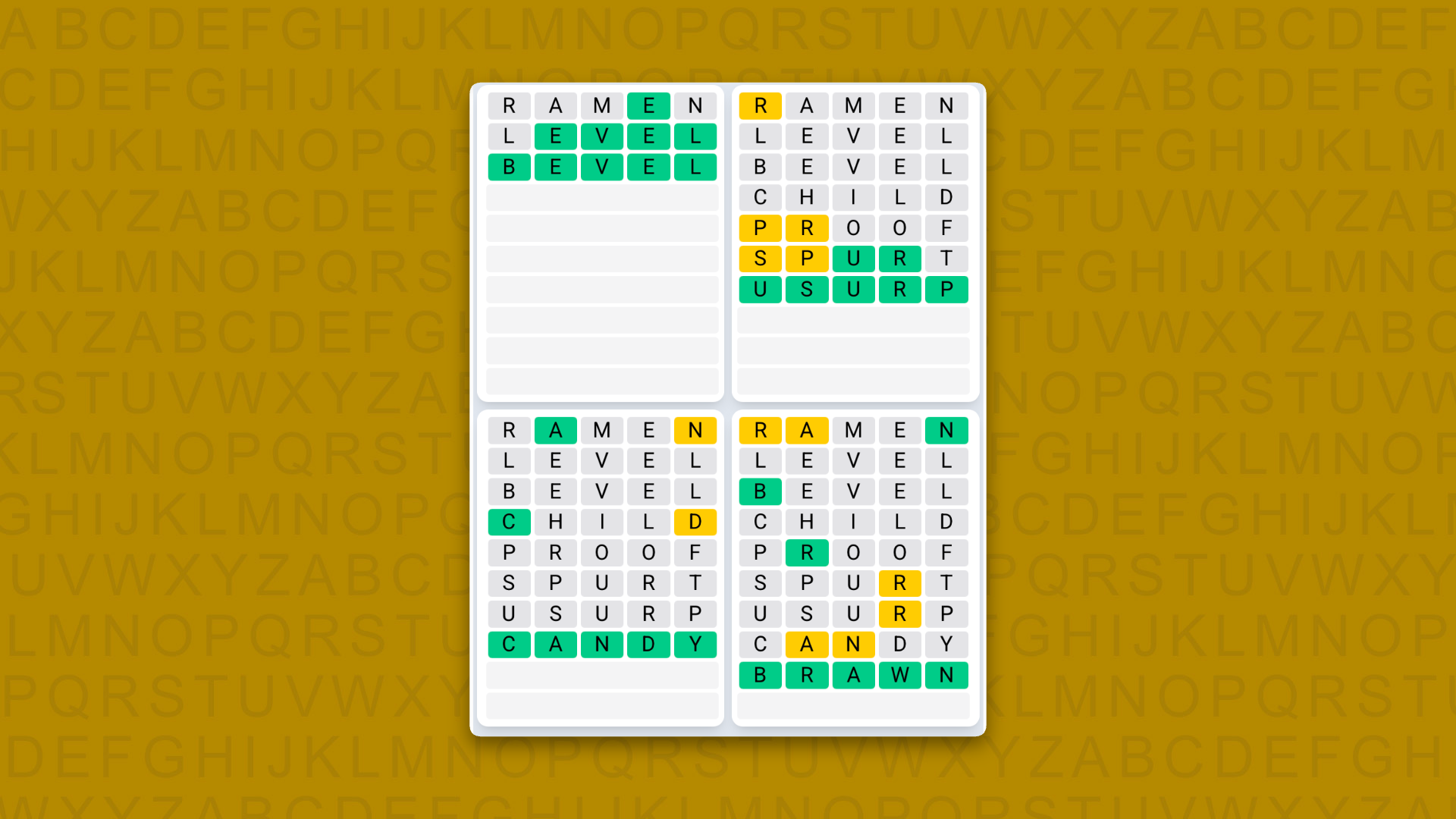 Quordle Daily Sequence answers for game 1639 on a yellow background