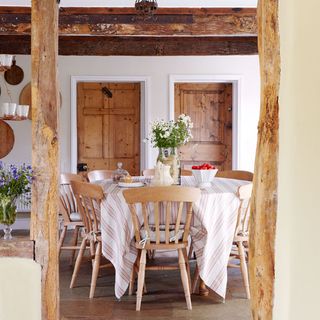 farmhouse exterior breakfast room with mellow original beams dining tables and seatpads