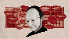 Photo collage of a man wearing a blank mask, on a background of a keyboard and many jeering mouths