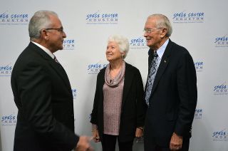 2020 Texan of the Year and Apollo 16 astronaut Charles Duke (at right) with his wife Dotty and E. Ray Covey, chair of the Texas Legislative Conference, at Space Center Houston on Dec. 3.