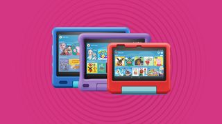 Amazon Fire Kids tablets on a pink background
