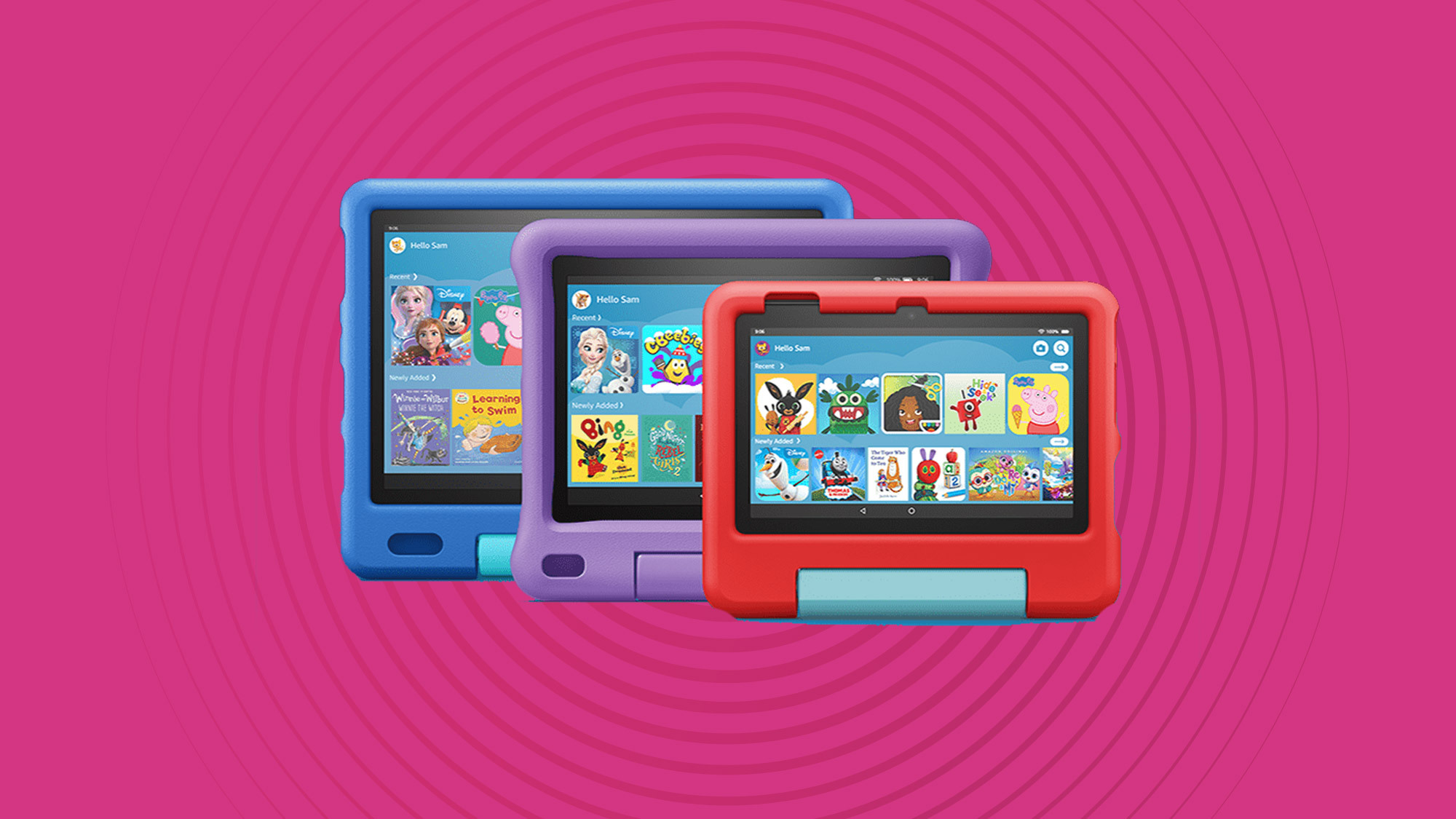 Amazon Fire Kids tablet on pink background