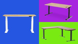 Three standing desks on a multi-coloured background.