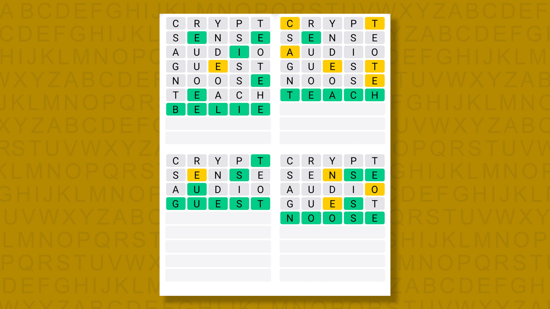Quordle answers for game 1598 on a yellow background